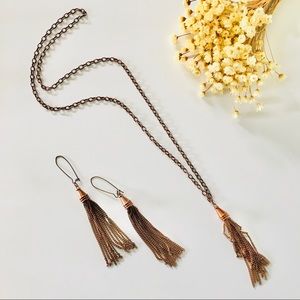 Long copper tassel necklace and earrings set festival boho hippie